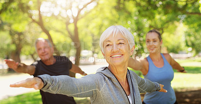 Buy stock photo Yoga, fitness and an old couple with their personal trainer in a park for a health or active lifestyle. Exercise, wellness or zen and senior people outdoor for a workout with their pilates coach