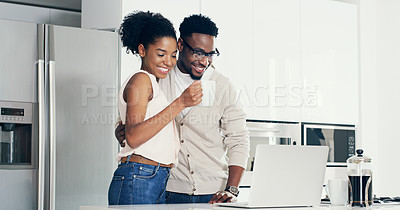 Buy stock photo Laptop, coffee and black couple in kitchen reading email for good news or job promotion at home. Smile, technology and African man and woman with breakfast recipe online with computer at house.