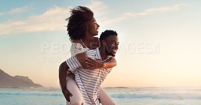 Buy stock photo Black couple, piggyback on beach and travel with hug, love and freedom outdoor, sea view and mockup space. Nature, adventure and vacation, man and woman bonding, happiness and trust in relationship