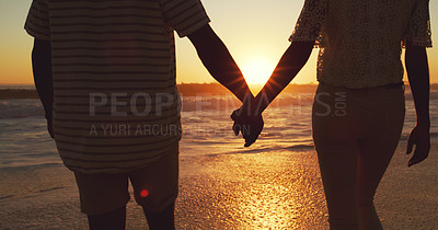 Buy stock photo Couple holding hands, beach at sunset and sea with back view, vacation and travel with man and woman outdoor. Love, romance and trust with people in commitment, tropical holiday and ocean waves