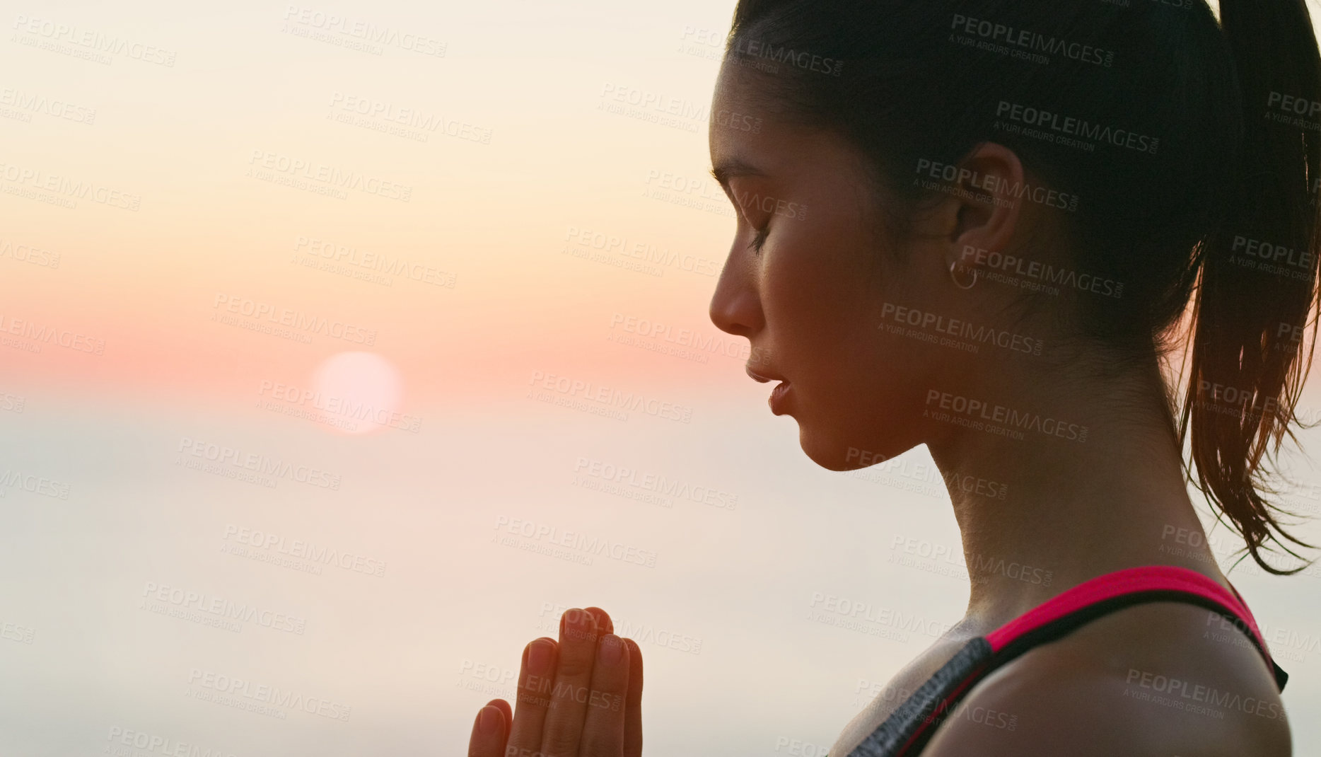 Buy stock photo Woman, sunset and yoga meditation for spiritual balance, healthcare or wellness in outdoor. Prayer hands, ocean and female person with namaste peace, mindfulness exercise and zen yogi on banner