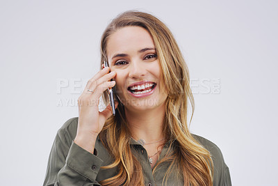 Buy stock photo Smile, phone call and portrait of woman talking in studio isolated on a white background. Happy, cellphone and face of female person speaking, discussion or communication, conversation and networking