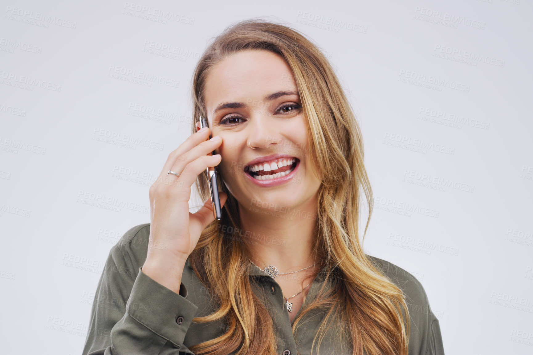 Buy stock photo Smile, phone call and portrait of woman talking in studio isolated on a white background. Happy, cellphone and face of female person speaking, discussion or communication, conversation and networking