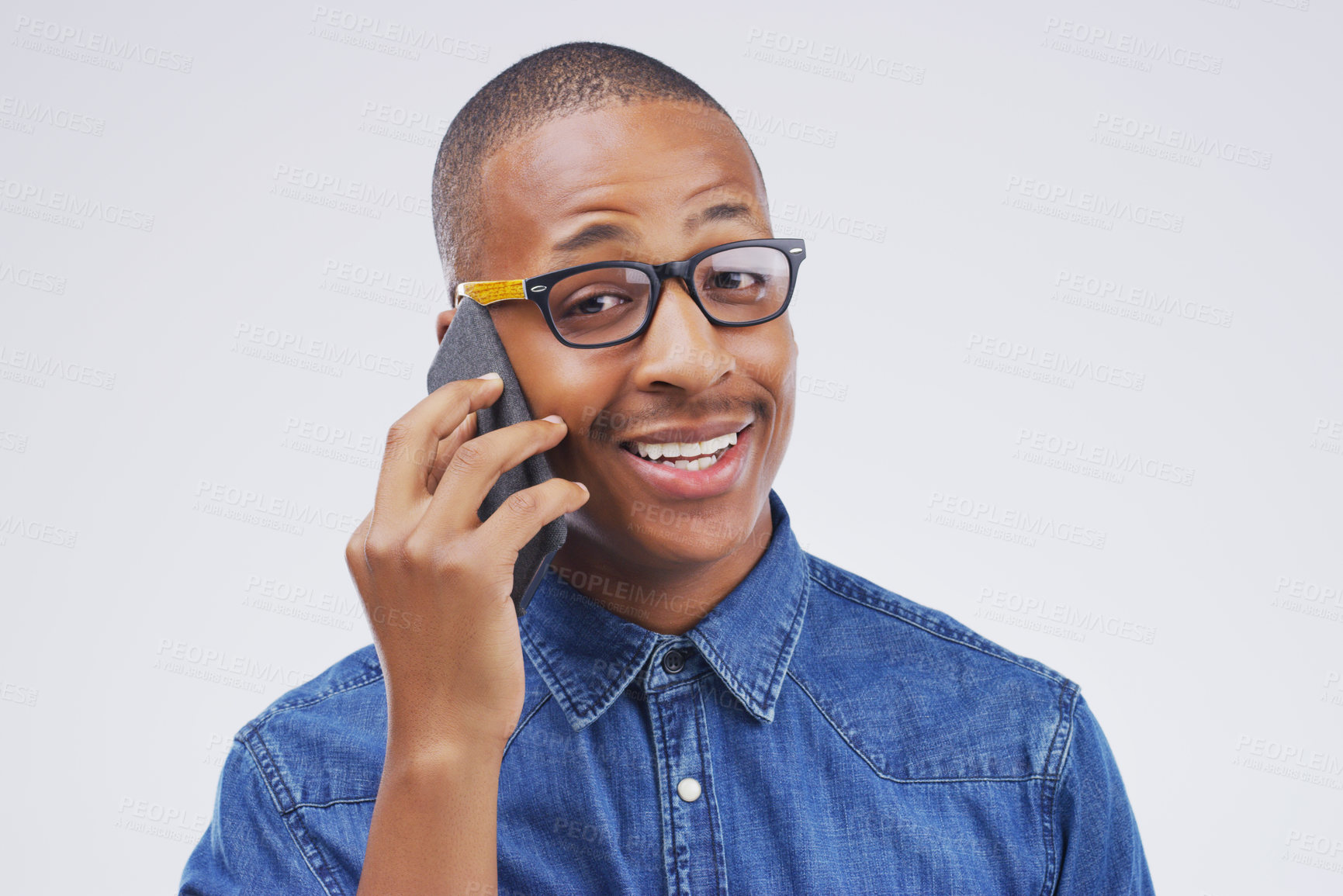 Buy stock photo Phone call, talking and portrait of black man in studio for conversation, speaking and chat. Communication mockup, white background and male person on smartphone for network, contact and connection
