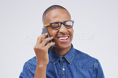 Buy stock photo Phone call, laugh and black man in studio with smile for conversation, talking and funny chat. Communication mockup, white background and male person on smartphone for network, contact and connection