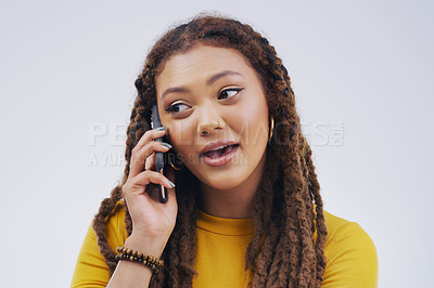 Buy stock photo Phone call, chat and woman talking in studio isolated on a white background. Cellphone, conversation and African female person in communication, speaking or discussion, listening or networking online