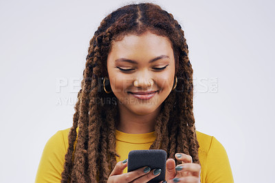 Buy stock photo Phone, happy and face of woman on a white background with smile for social media, internet and online chat. Communication, studio and female person on smartphone for website, mobile app and texting