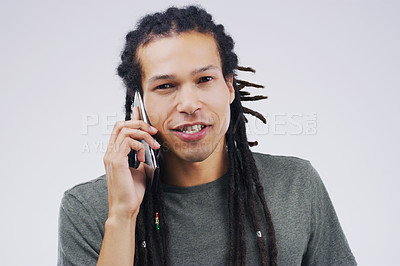 Buy stock photo Phone call, talking and portrait of man in studio for conversation, speaking and chat. Communication mockup, white background and male person face on smartphone for network, contact and connection