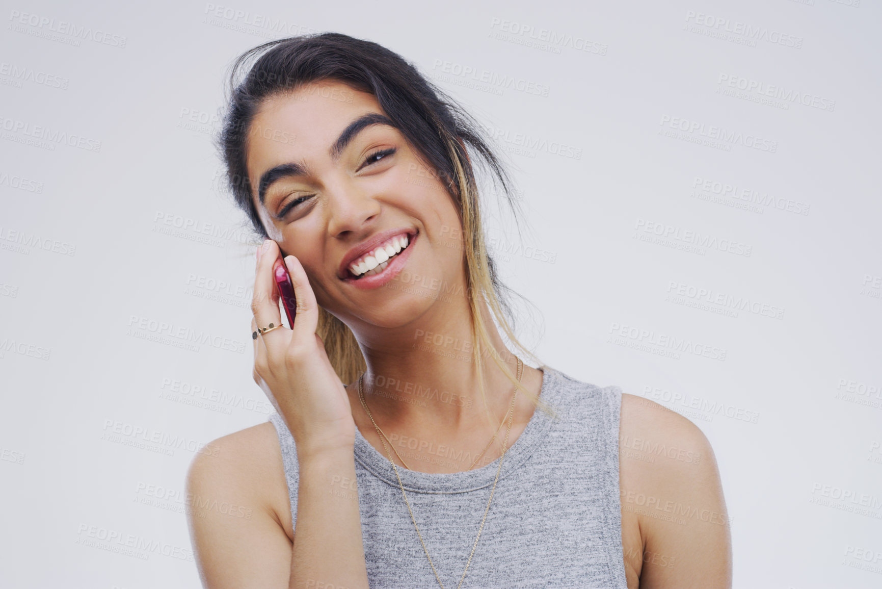 Buy stock photo Phone call, funny or portrait of woman talking in studio isolated on white background. Cellphone, laughing or face of female person in communication, speaking or discussion with comedy or comic joke