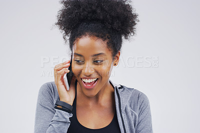 Buy stock photo Phone call, funny and black woman talking in studio isolated on a white background with mockup. Cellphone, excited and African female person in communication, speaking or discussion, network or chat.