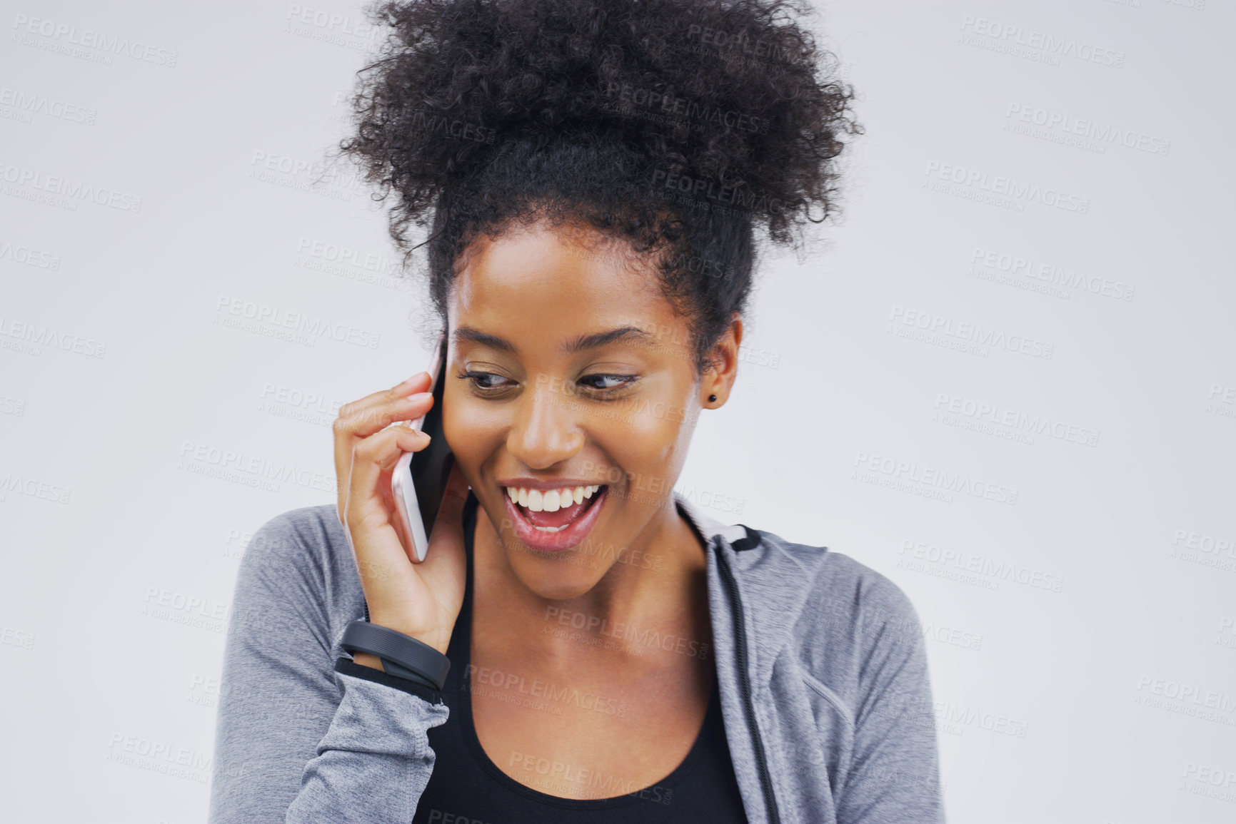 Buy stock photo Phone call, funny and black woman talking in studio isolated on a white background with mockup. Cellphone, excited and African female person in communication, speaking or discussion, network or chat.