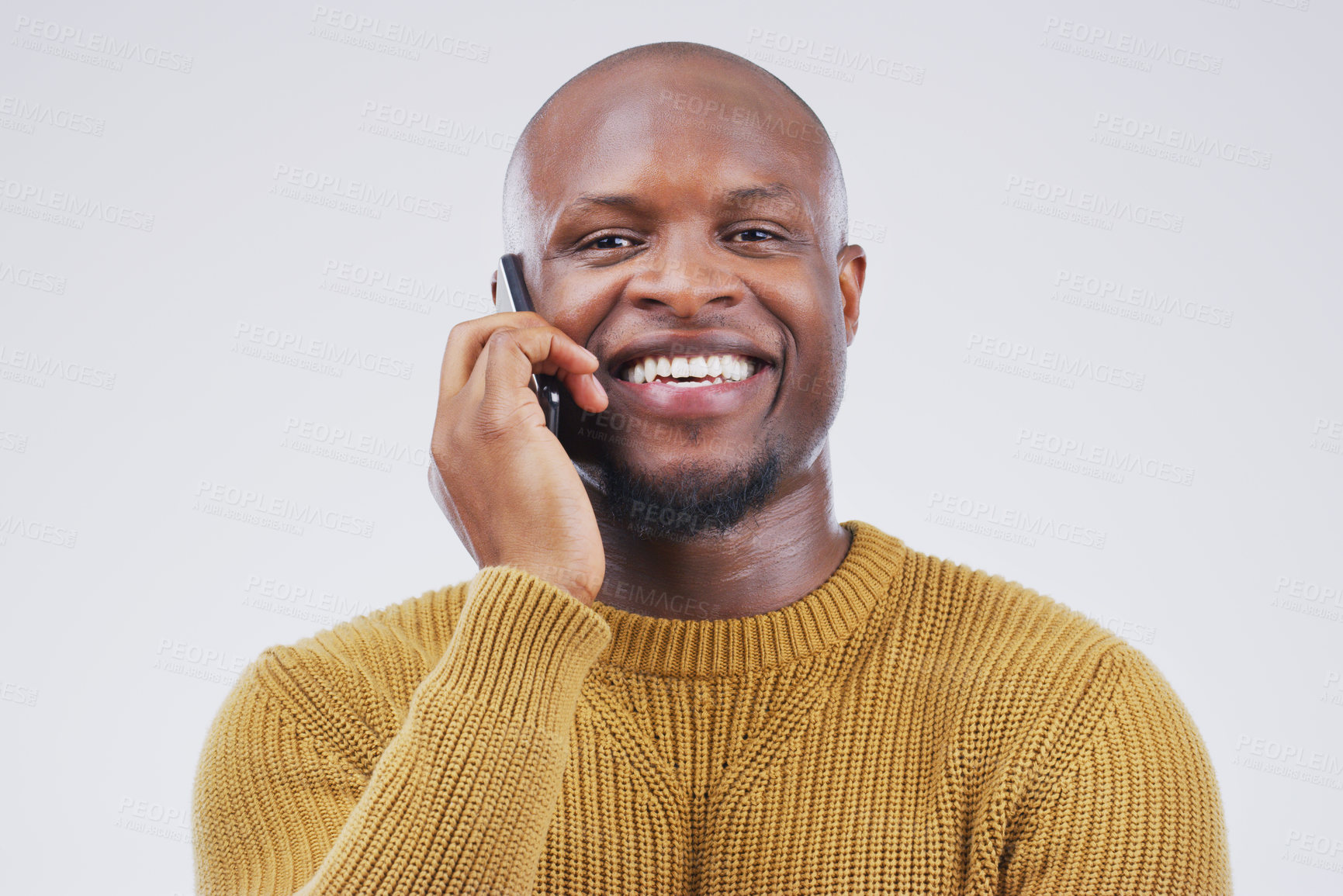Buy stock photo Networking, black man on phone call and happy against a white background. Communication or technology, connectivity on smartphone and African male person smile talking to contact in a studio backdrop