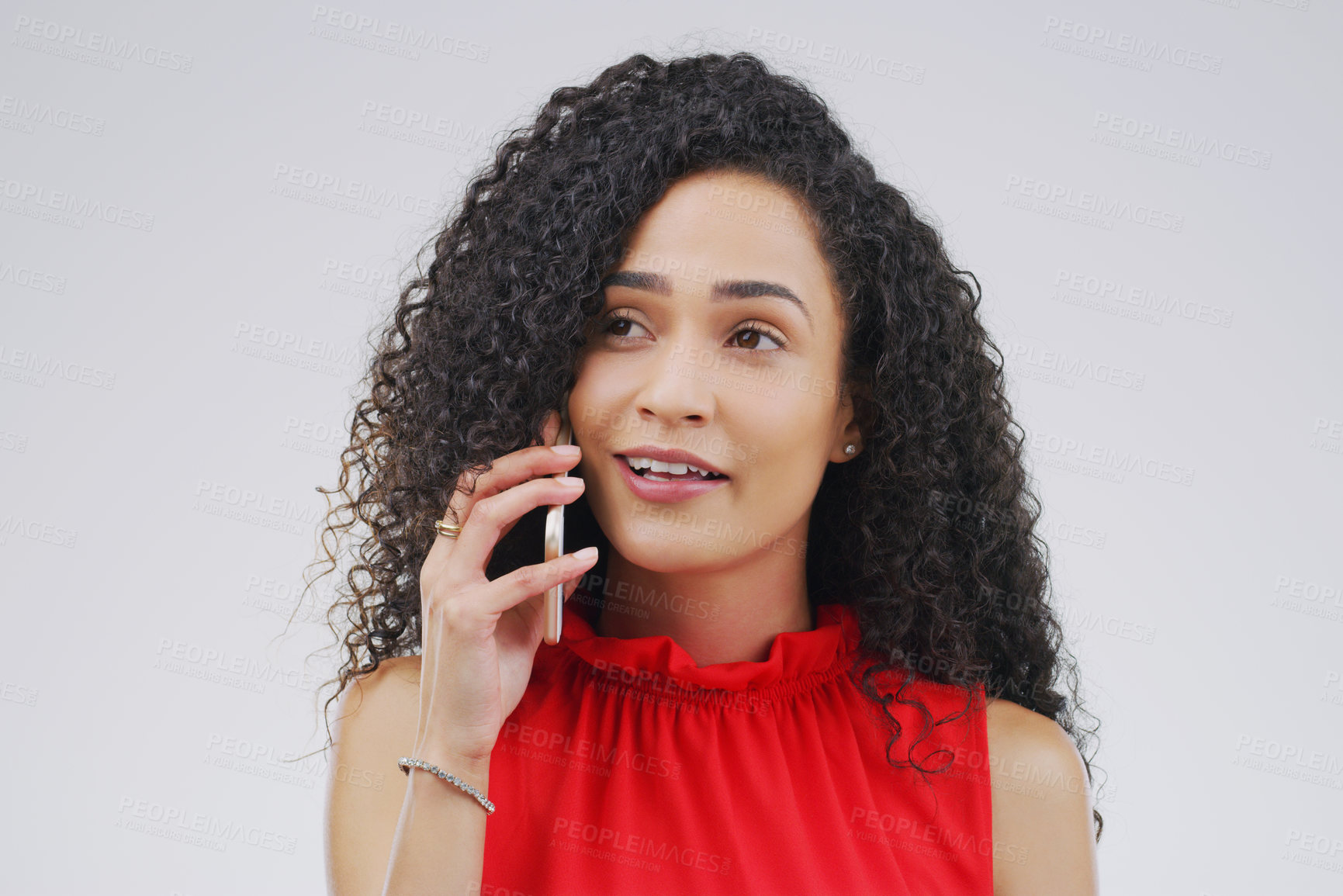 Buy stock photo Phone call, happy and African woman in studio smile for conversation, talking and chatting. Communication mockup, white background and female person on smartphone for network, contact and connection