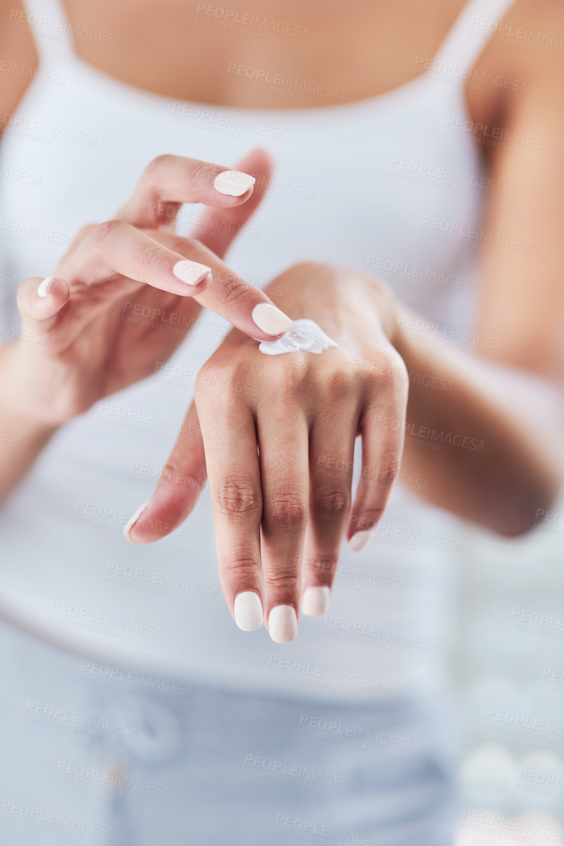 Buy stock photo Hands, skincare cream and woman moisturizing in home for healthy skin, beauty and hydration. Dermatology, hand and female model with creme product, lotion cosmetics or moisturizer oil with manicure.