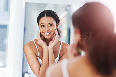 Buy stock photo Home, mirror and woman in bathroom, skincare and wellness with grooming routine, treatment and health. Happy person, apartment and girl with smile, reflection and cosmetics with dermatology or beauty