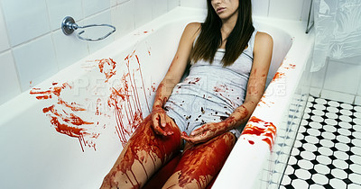 Buy stock photo Cropped shot of an unrecognizable dead body lying in a pool of blood in a bathtub