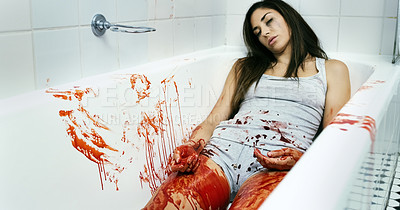 Buy stock photo Cropped shot of a dead body lying in a pool of blood in a bathtub