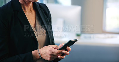 Buy stock photo Woman, hands and smartphone in office for typing, browsing and texting online with contact. Technology, connectivity and businesswoman with cellphone for networking, social media or sales person