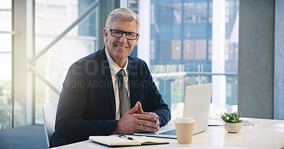 Buy stock photo Businessman smile, portrait and in an office with a laptop for communication and connectivity. Corporate, company and a manager or boss of an agency with a pc for networking and internet at work