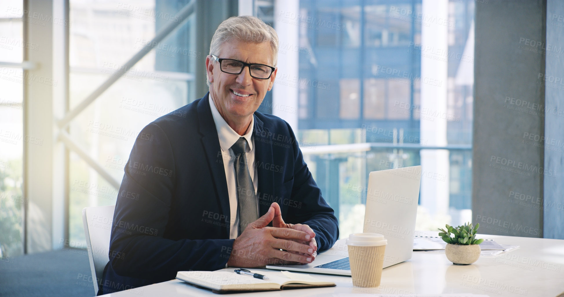 Buy stock photo Businessman smile, portrait and in an office with a laptop for communication and connectivity. Corporate, company and a manager or boss of an agency with a pc for networking and internet at work