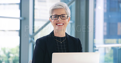 Buy stock photo Portrait, laptop and business woman, lawyer or professional in office workplace. Face, glasses and smile of female legal executive, senior entrepreneur or ceo from Canada with pride for career or job
