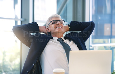 Buy stock photo Business, relax and mature man with happiness, laptop and connection with network, worker and ceo. Male person, employee or professional in a workplace, rest and smile with startup success and career