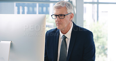 Buy stock photo Mature man, corporate and pc on desktop for executive job, internet connection and reading email. Expertise, technology and face of senior ceo in workplace with business, checking schedule and online