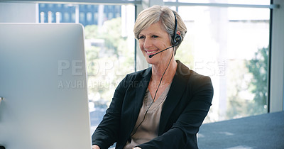 Buy stock photo Call center, consulting and a woman with a computer for telemarketing, online support and advice. Smile, contact us and a female customer service agent on a pc for help, conversation and consultation