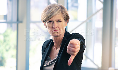 Buy stock photo Portrait, thumbs down and mature business woman with sad face, opinion or no fail sign. Negative, hand gesture and dislike for vote, feedback or review of CEO with wrong emoji for problem in office