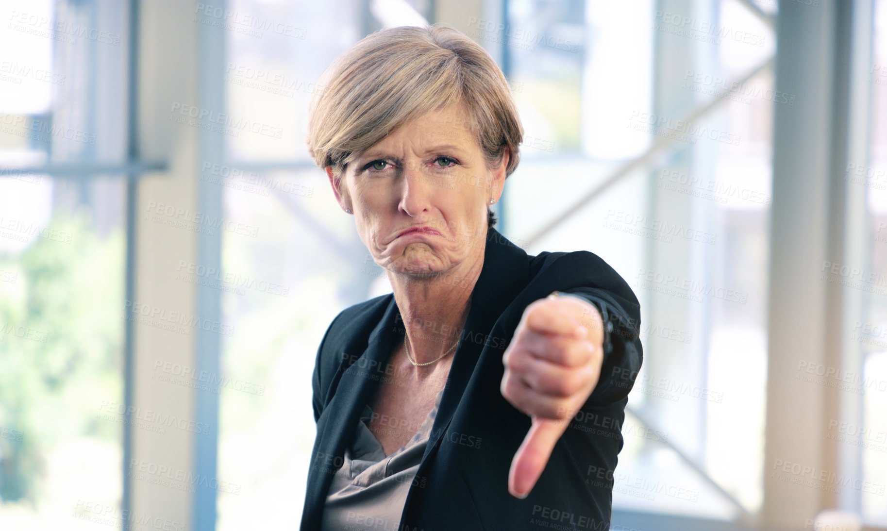 Buy stock photo Portrait, thumbs down and mature business woman with sad face, opinion or no fail sign. Negative, hand gesture and dislike for vote, feedback or review of CEO with wrong emoji for problem in office