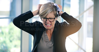 Buy stock photo Mature woman, stress and rage in office, mental health and burnout for fail or work crisis. Female person, frustration and tired of mistake or pressure, panic attack and overworked or mad for tax