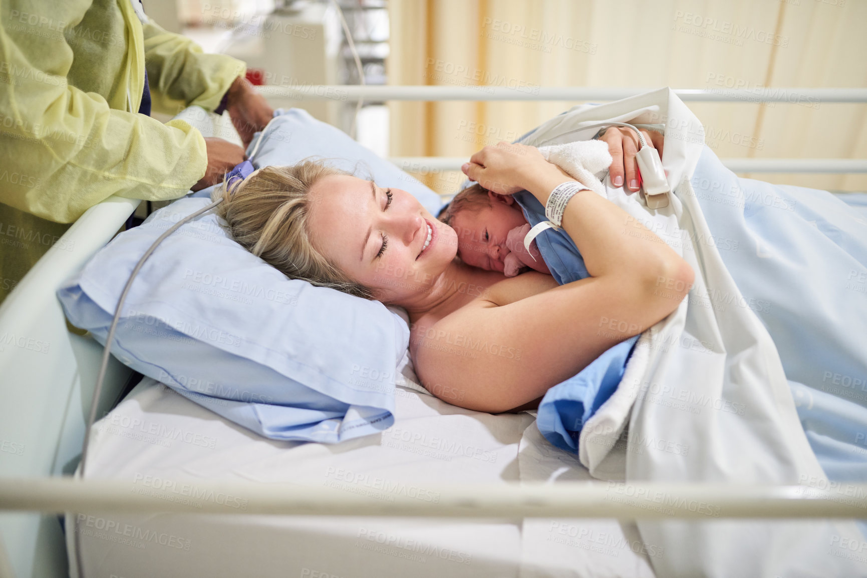 Buy stock photo Healthcare, woman and skin with baby for bonding, maternal security and hug for wellbeing after birth. Hospital, mother and newborn infant in maternity ward with doctor, labor and loving relationship