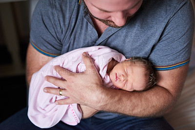 Buy stock photo Newborn, sleep and arms of father in home with pride, protection or care for family. Infant girl, dad and love in nursery for safety, trust and security of precious child with papa, dream and rest