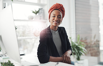 Buy stock photo Business, computer and portrait of African happy woman for website review, research and research in office. Web designer, professional and person on pc for internet, working online and software