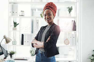 Buy stock photo Smile, confidence and portrait of black woman in office with pride, opportunity and business development. Happy, professional and African businesswoman at administration agency with arms crossed.