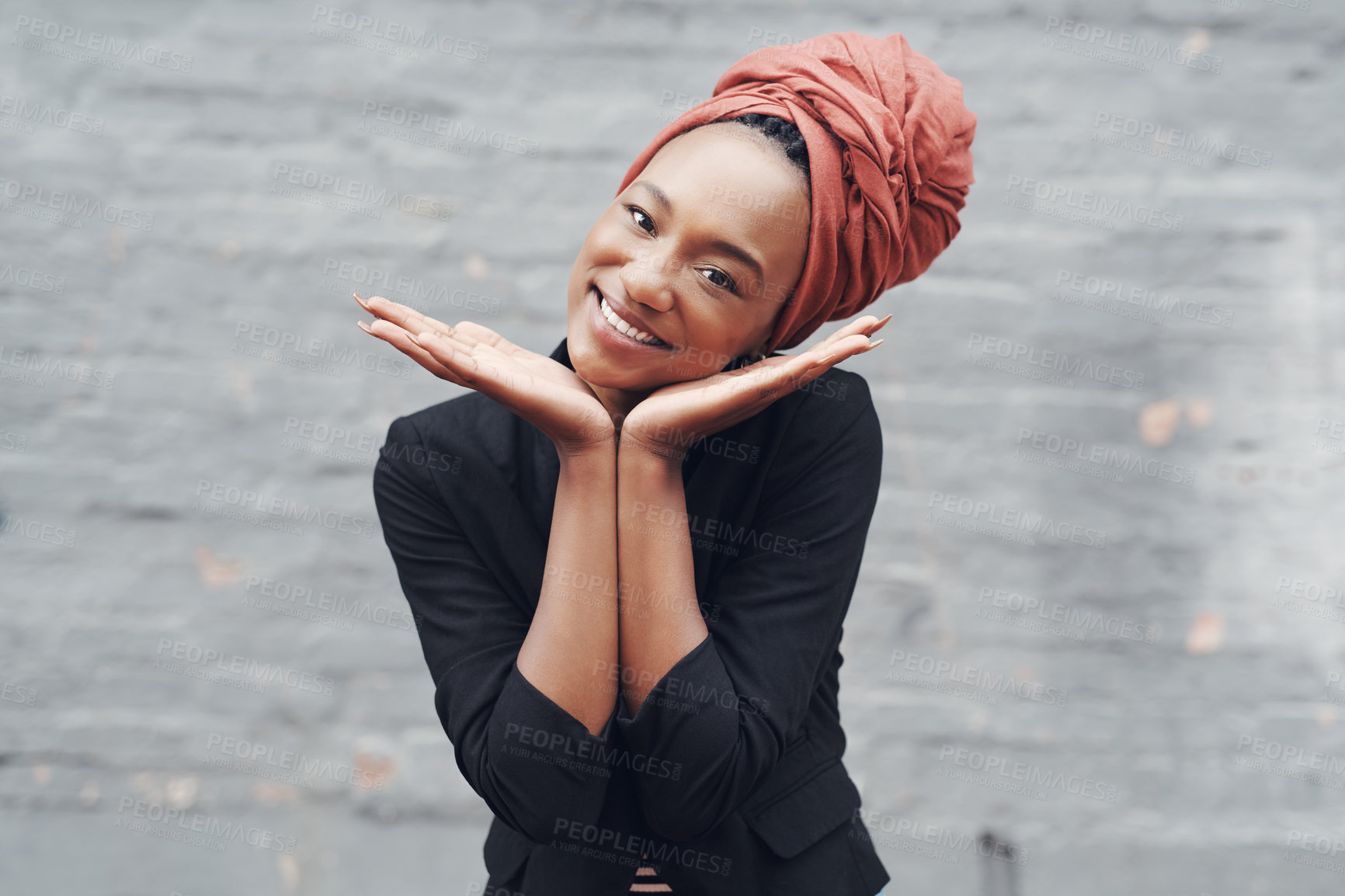 Buy stock photo Portrait, black woman and cute outdoor with student and smile with confidence. Urban, framing face and person from Nigeria with happy, travel and summer break of university learner in the city