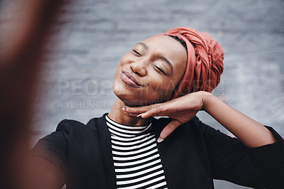 Buy stock photo Portrait, black woman and selfie outdoor with smile with confidence in city. Urban, pout and gen z person from Nigeria with happy, travel and summer break with social media post and profile picture