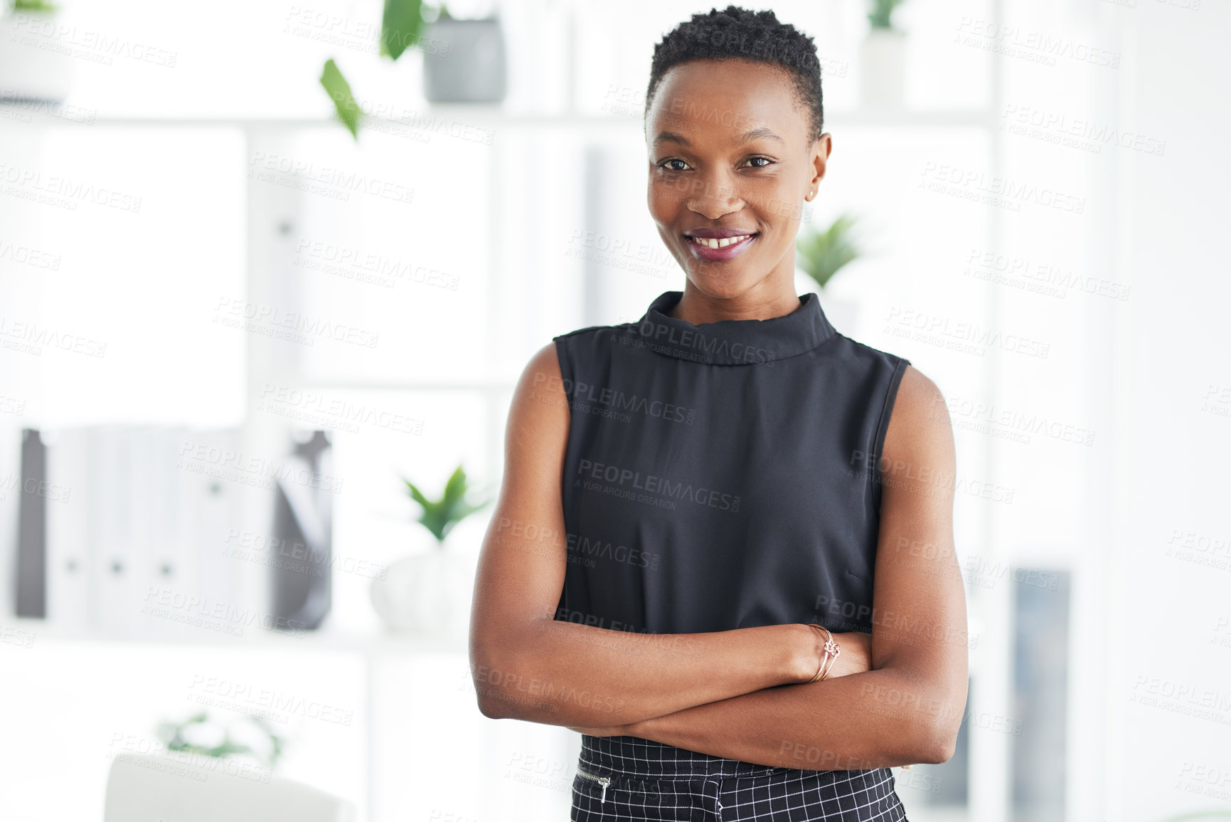 Buy stock photo Black woman, confident and portrait in office as web designer for magazine, publication or company. Female person, African and arms crossed with pride, happy and job for deadline or creative project