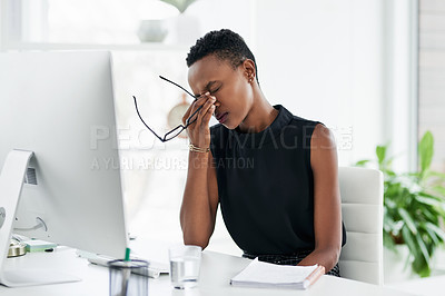 Buy stock photo Stress, headache and black woman on computer in office with anxiety, pain and audit crisis. Burnout, vertigo and African person frustrated or tired with business fail, eye strain or bad fatigue