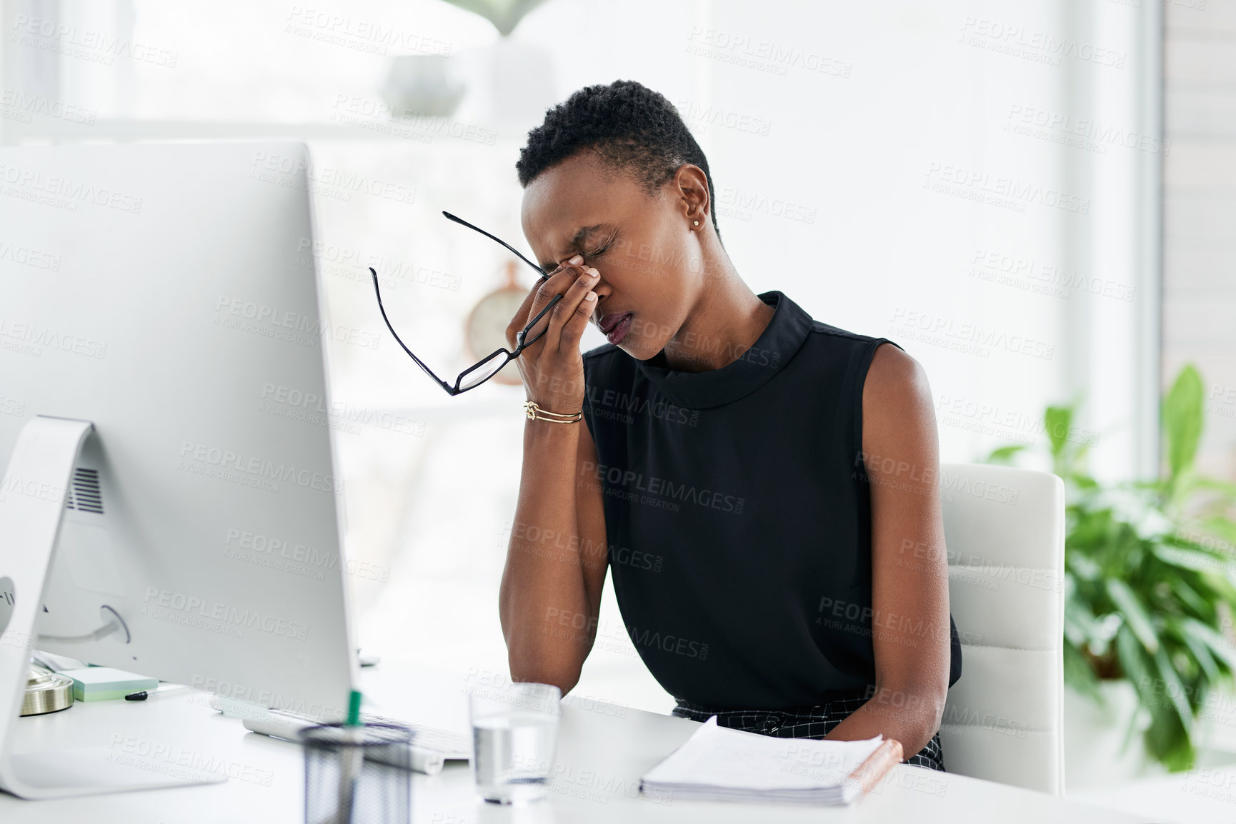 Buy stock photo Stress, headache and black woman on computer in office with anxiety, pain and audit crisis. Burnout, vertigo and African person frustrated or tired with business fail, eye strain or bad fatigue