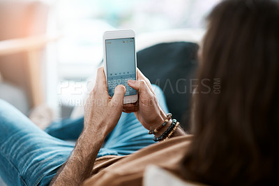 Buy stock photo Phone screen, hands and person in home for communication, networking or connectivity online. Technology, relax and closeup of cellphone for typing text for contact in living room at apartment.