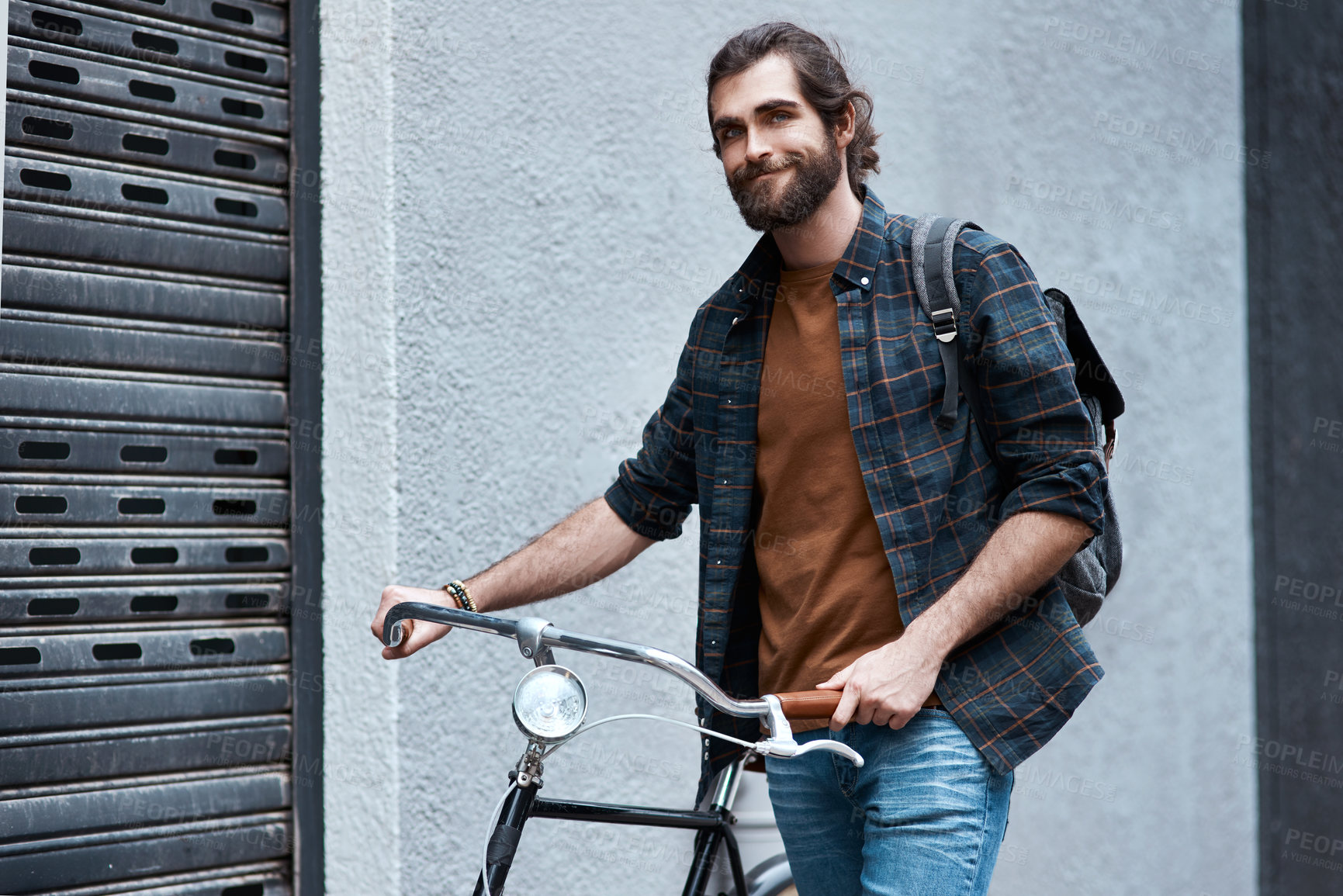 Buy stock photo Cycling, morning and portrait of man in city for commute, carbon neutral and transportation. Sustainability, explore and travel with person walking with bike in urban town for journey and trip