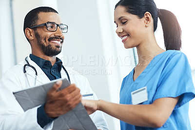 Buy stock photo Medical, smile or tablet with doctor and student in hospital for collaboration, diagnosis or discussion. Consulting, healthcare or info with medicine professional man and nurse in clinic for research