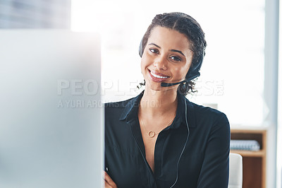 Buy stock photo Woman, portrait and headset with computer for call centre telemarketing or technical support, representative or advice. Female person, crm and sales with customer service, contact us or help desk