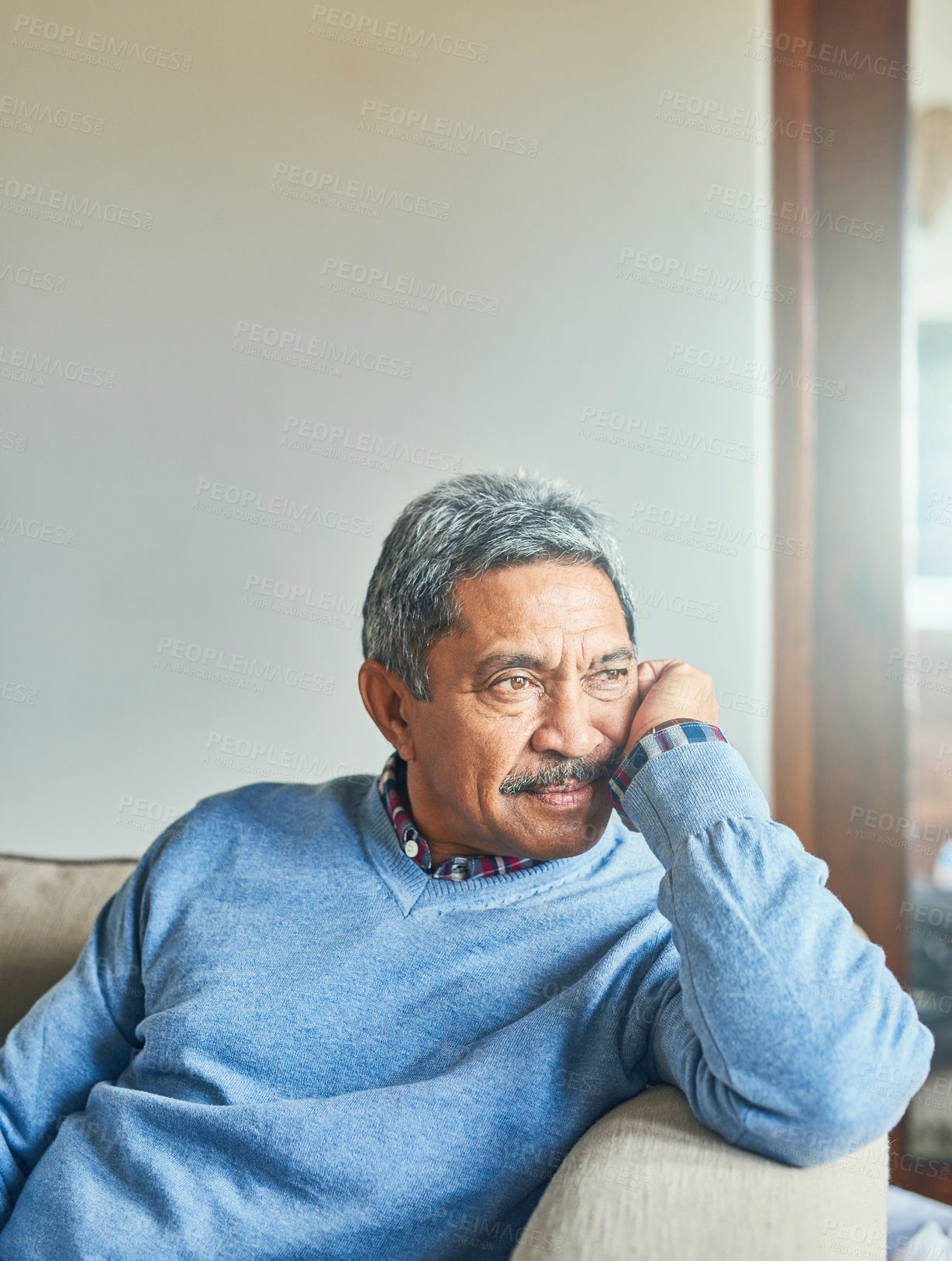 Buy stock photo Thinking, remember and senior man in home for past memory, dream or reflection of decision. Alzheimer, retirement and serious person on sofa with dementia, nostalgia or lonely in living room to relax