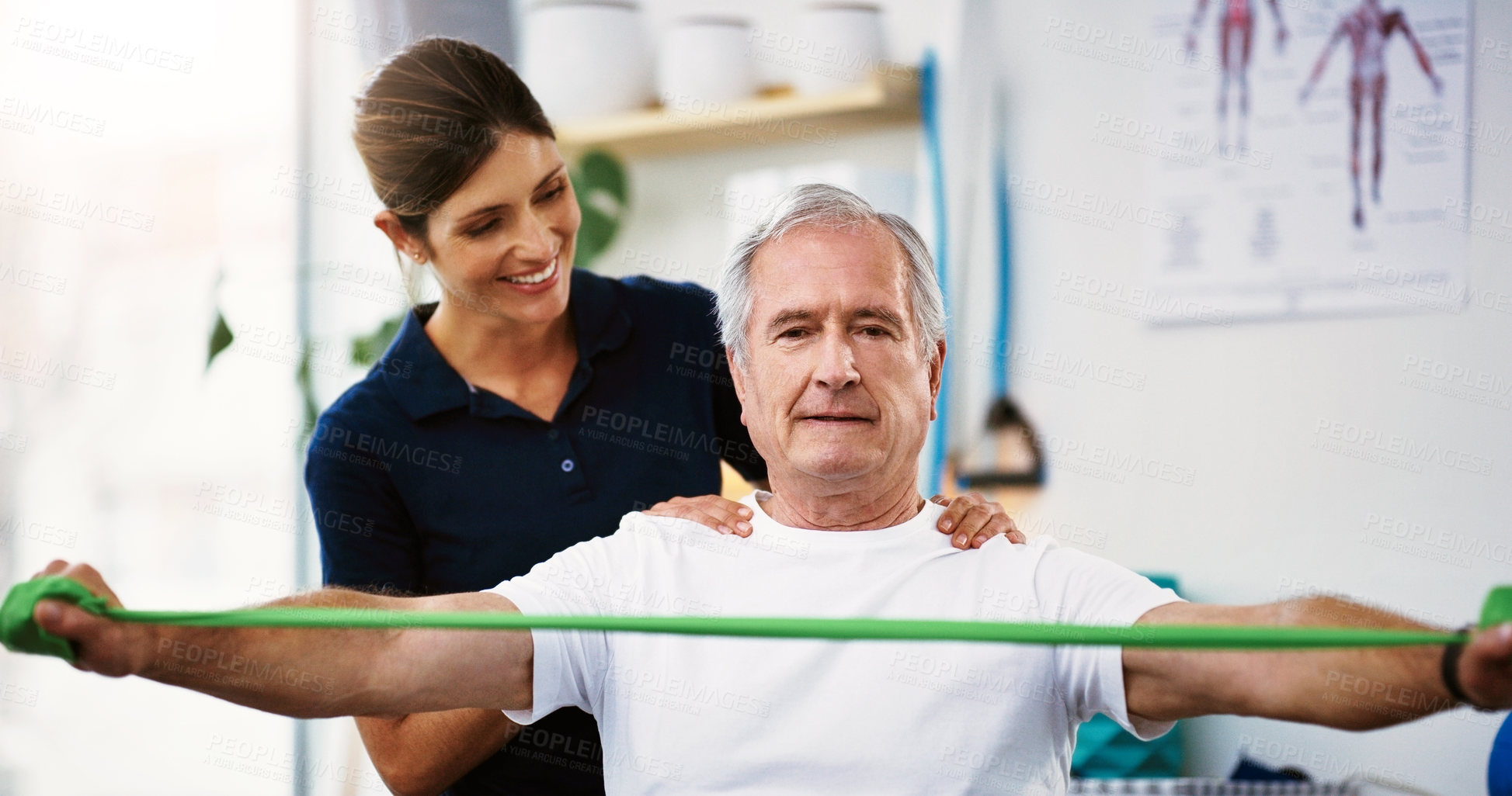 Buy stock photo Fitness, rehabilitation and physiotherapy with a senior man patient and female therapist at work in a clinic. Health, wellness and consultant with a woman physio working with a male on recovery