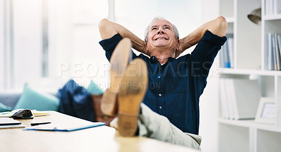 Buy stock photo Relax, vision and senior businessman with success from corporate, small business and planning entrepreneurship. Thinking, goal and elderly remote worker happy about administration for retirement