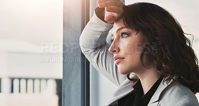Buy stock photo Business, burnout and sad woman with anxiety and bankruptcy with kpi review mistake and mental health. Person, employee and professional with stress, tired and emotion with debt and negative feedback