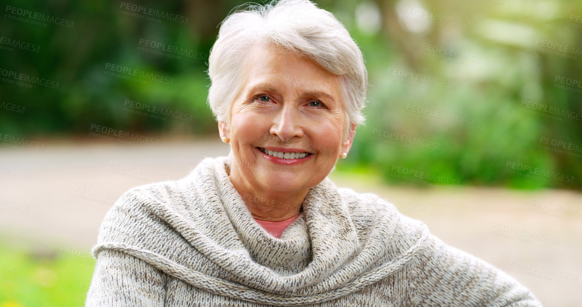 Buy stock photo Park, happy and portrait of elderly woman in nature for sunshine, environment and retirement. Senior person, relax and smile in garden at nursing home for wellness, mental health, and wellbeing