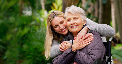 Buy stock photo Wheelchair, senior and woman hug in park for retirement, rehabilitation and support. Person with disability, mother and daughter embrace in nature for healthcare, family care and mobility aid
